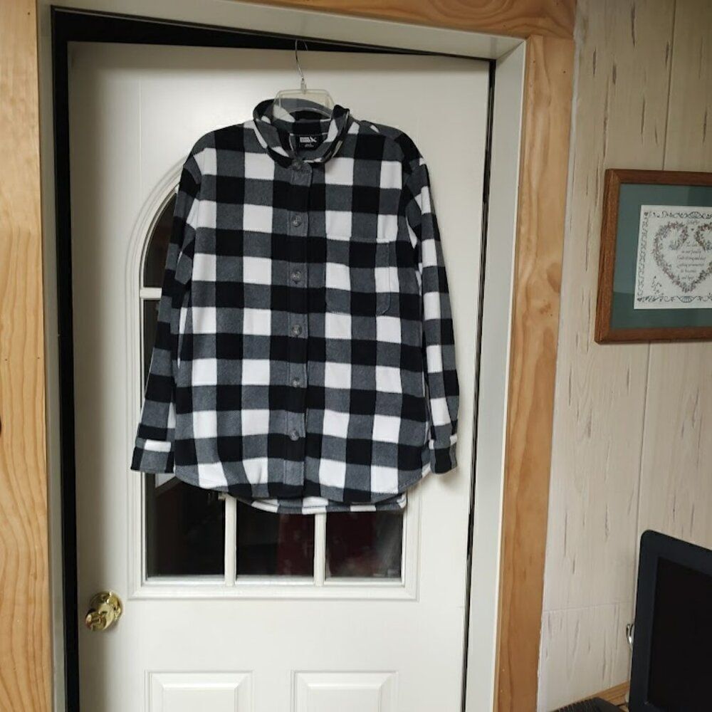 New Eddie Bauer Black White Micro Fleece Long Sleeve Button Down Shirt Women's L